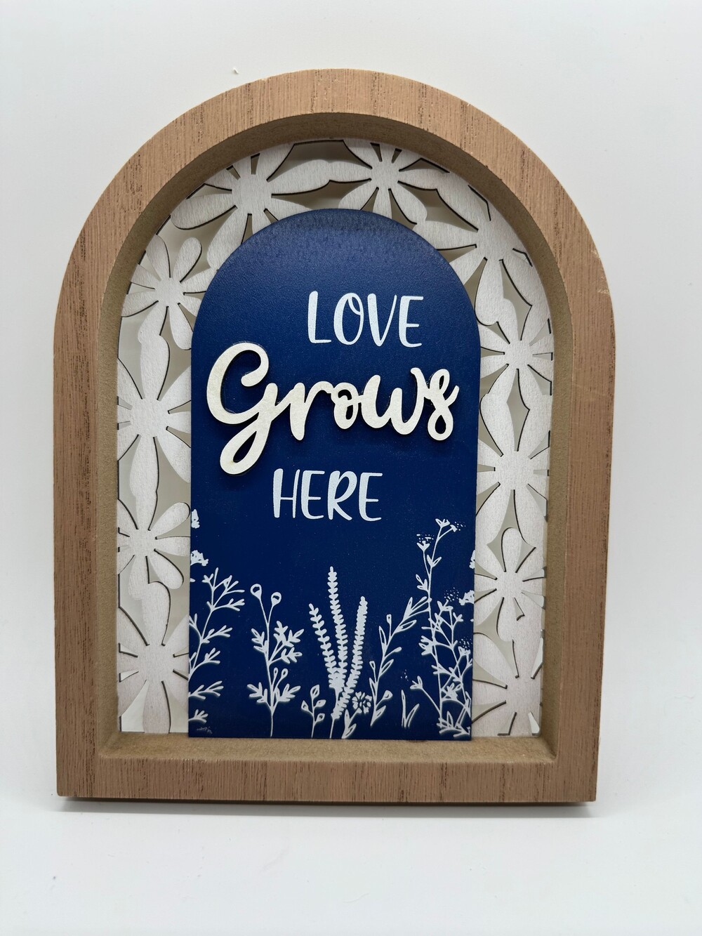 Love Grows Here 7” Arched Tabletop Wood Freestanding Sign Home Decor
